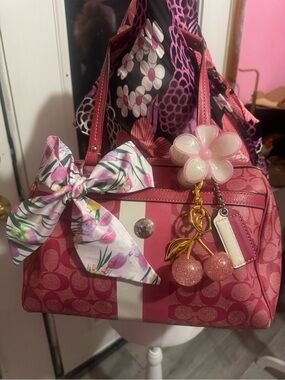 Coach Pink Signature Satchel with Floral Bow and Cherry Charm